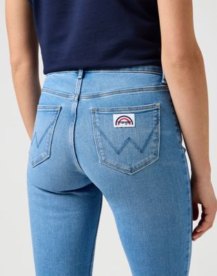 Wrangler high waisted button front flare jeans in river blue