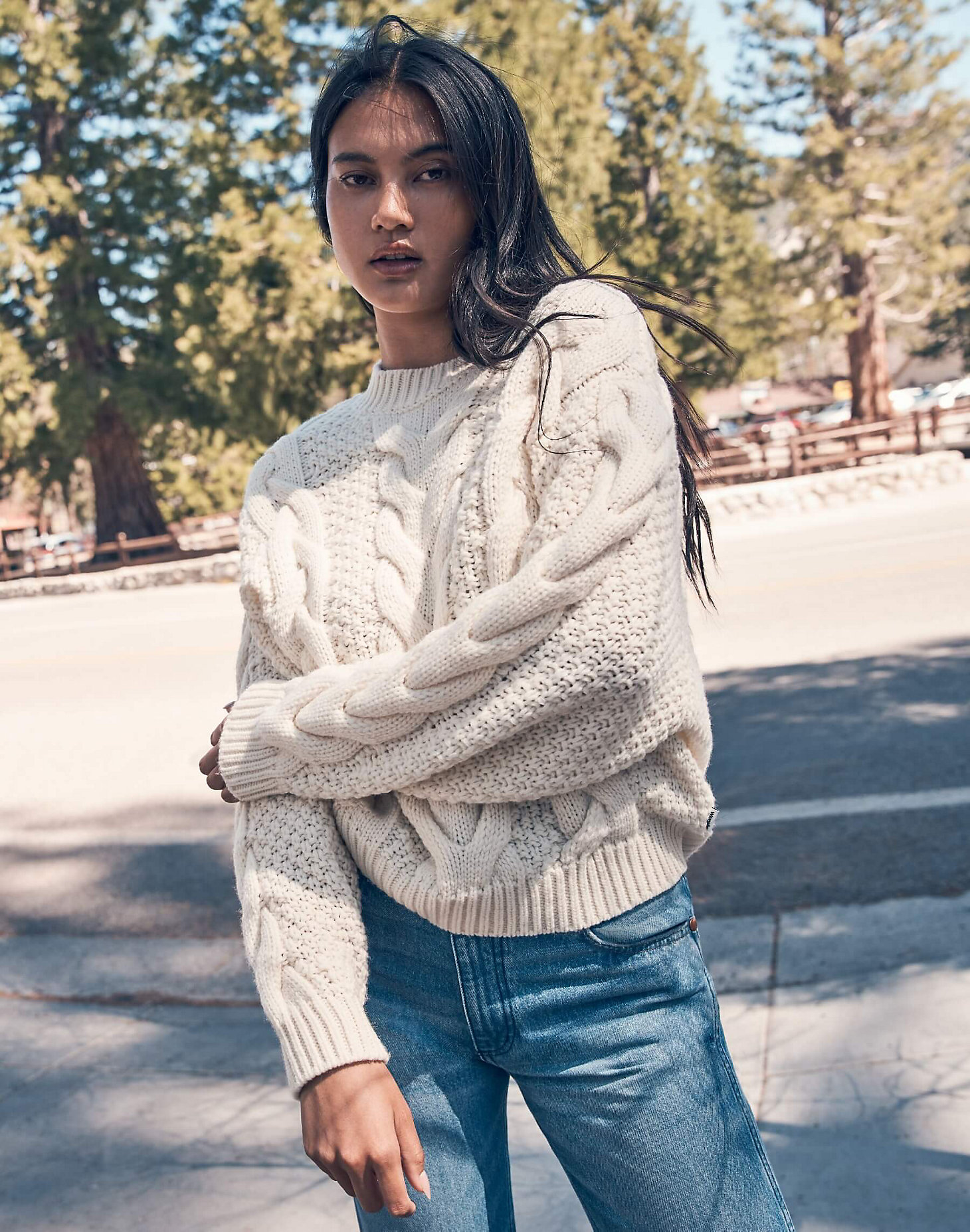Crew Neck Cable Knit in Worn White main view