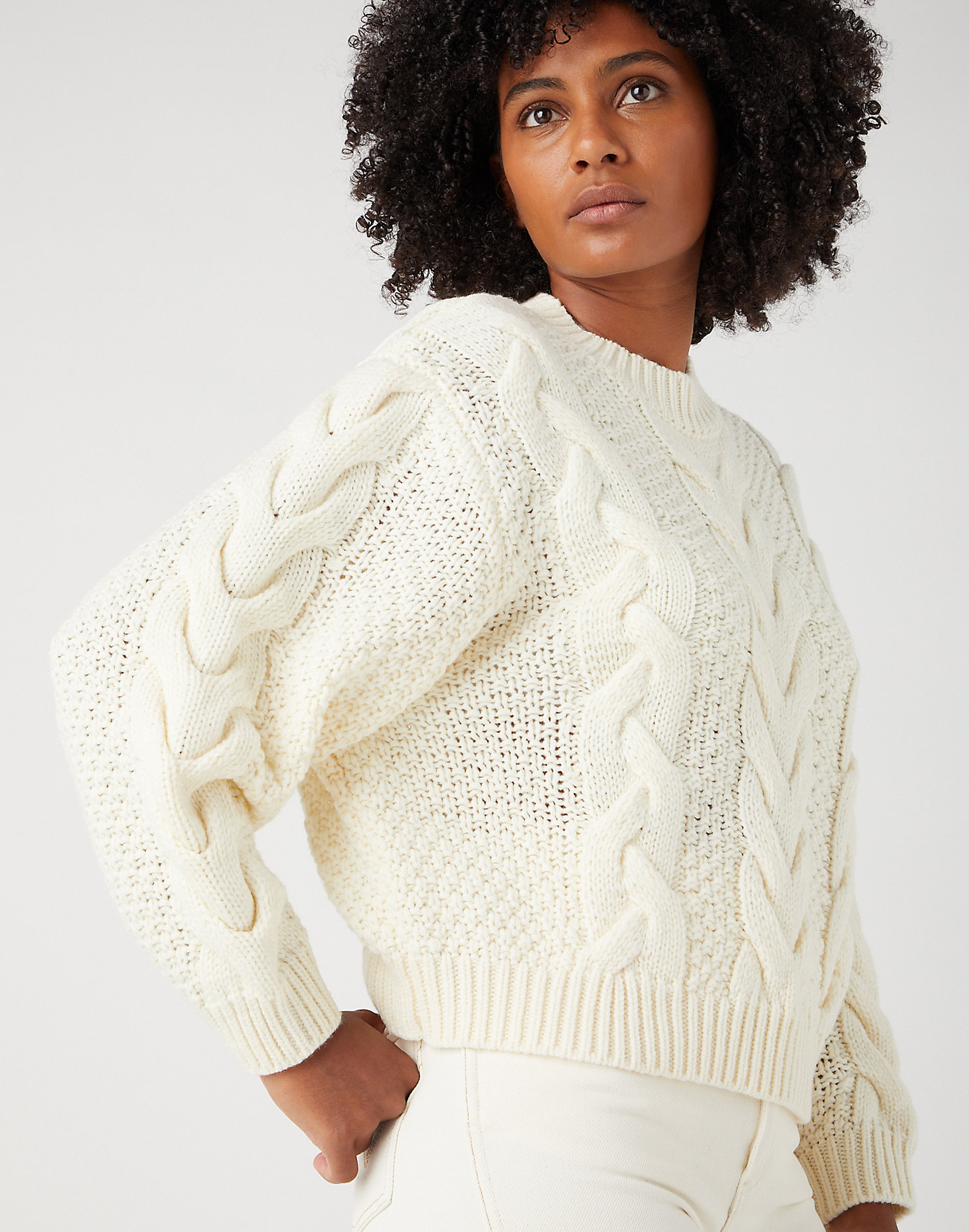 Crew Neck Cable Knit in Worn White alternative view 5