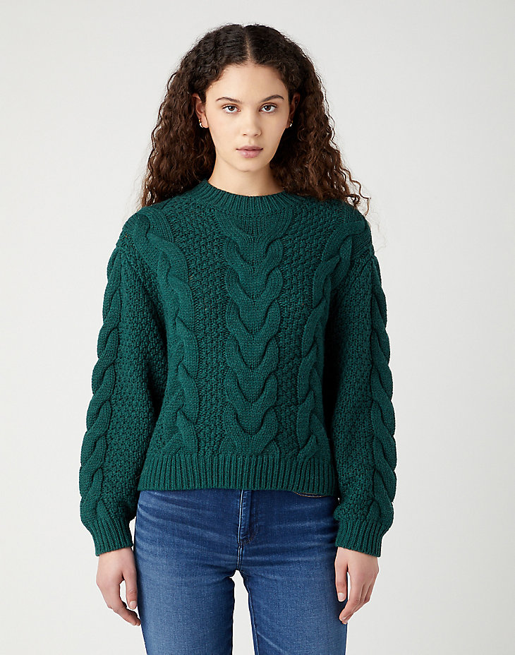 Crew Neck Cable Knit in Dark Matcha main view