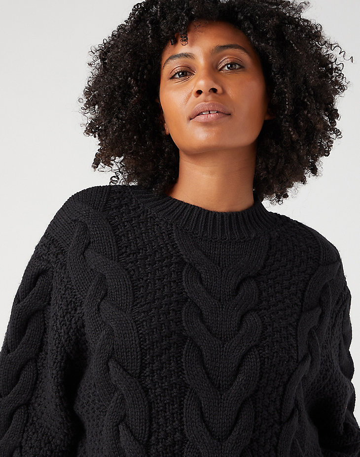 Crew Neck Cable Knit in Black alternative view 3