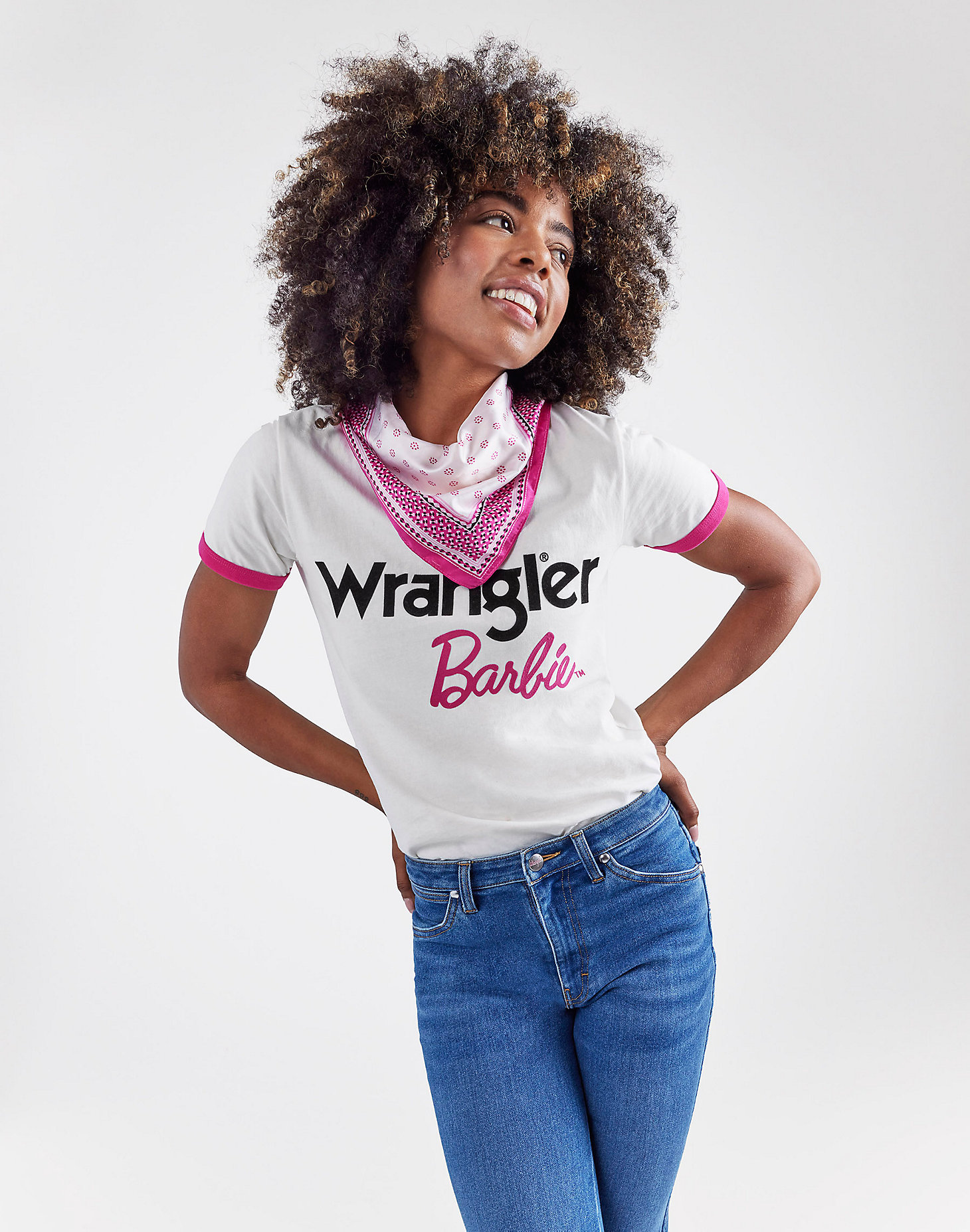 Wrangler x Barbie™ Logos Slim Ringer Tee in Worn White alternative view 1