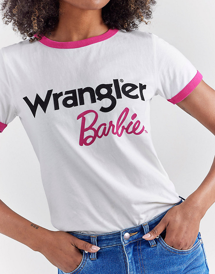 Wrangler x Barbie™ Logos Slim Ringer Tee in Worn White alternative view 3