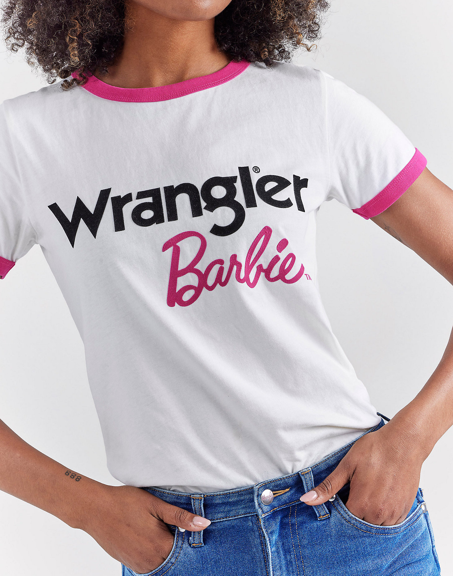 Wrangler x Barbie™ Logos Slim Ringer Tee in Worn White alternative view 3
