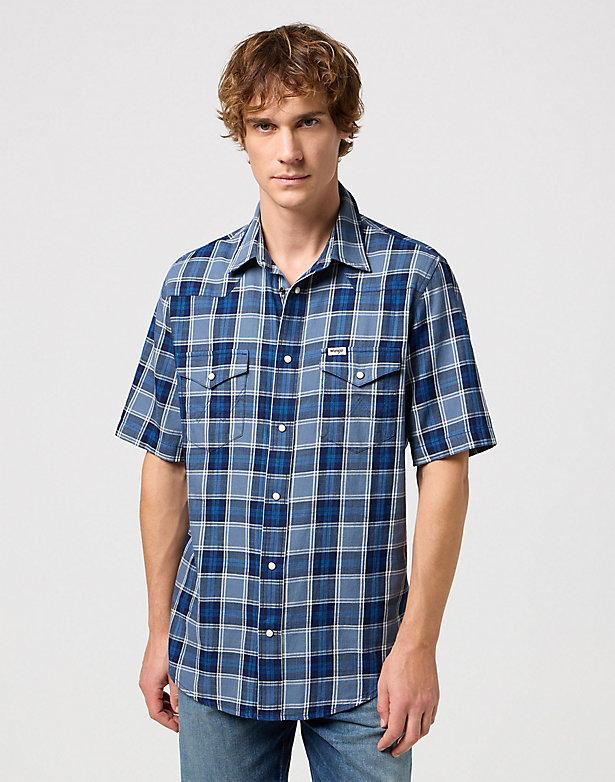 Short Sleeve Western Shirt in Light Blue Indigo