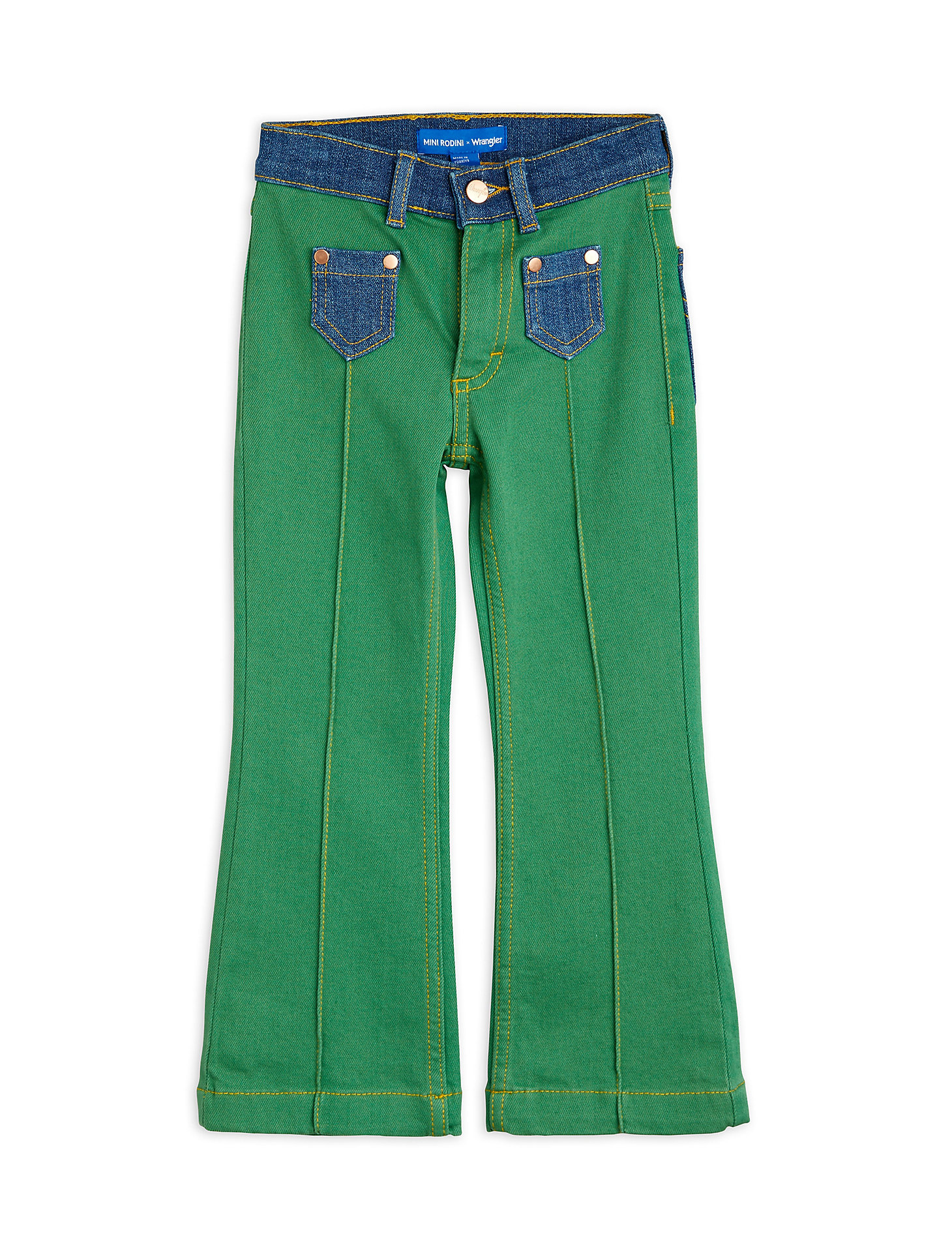 Mini Rodini x Wrangler Two-Tone Flared Jeans in Green alternative view 1