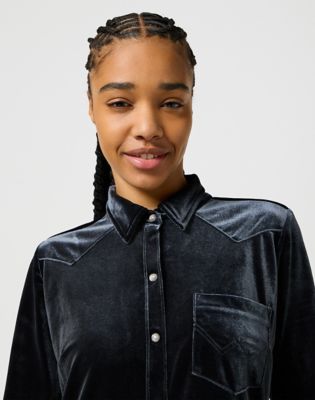 Western Shirt Dress in Black Velvet alternative view 2