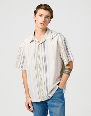 Short Sleeve W Resort Shirt in Natural Stripe