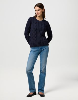Regular Cable Knit Crew in Dark Navy