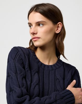 Regular Cable Knit Crew in Dark Navy