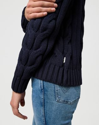 Regular Cable Knit Crew in Dark Navy