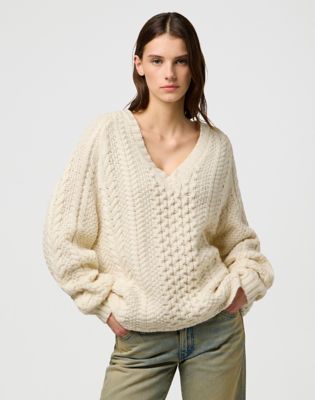 Wrangler Relaxed V Neck Cable Knit Ivory