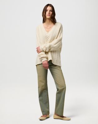 Relaxed V Neck Cable Knit in Ivory