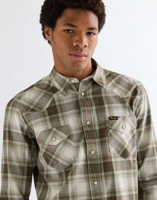 Regular Western Shirt in Green Tan