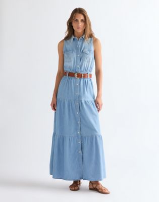 reformation stasia silk dress Blu Pepper Smocked Denim Patchwork Tiered Maxi Dress main image 1