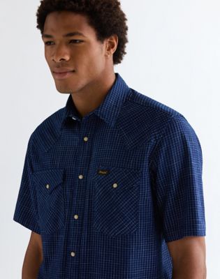 Regular Short Sleeve Western Shirt in Indigo Blue