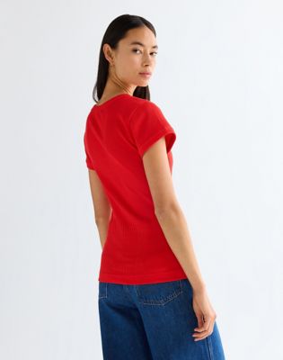 Slim Rib Capped T-Shirt in Flame Scarlet