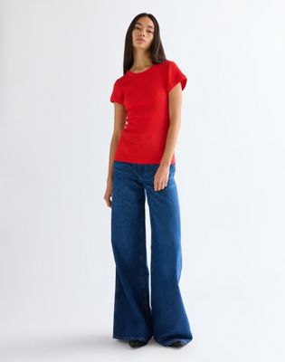 Slim Rib Capped T-Shirt in Flame Scarlet