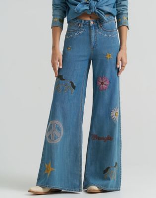 Lainey Wilson x Wrangler Embroidered Wide Leg Jean in Denim