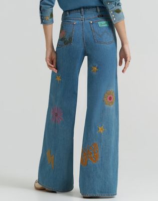 Lainey Wilson x Wrangler Embroidered Wide Leg Jean in Denim