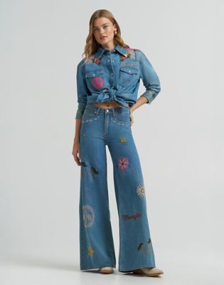 Lainey Wilson x Wrangler Embroidered Wide Leg Jean in Denim