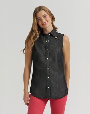Lainey Wilson x Wrangler Sleeveless Snap Shirt in Black Denim