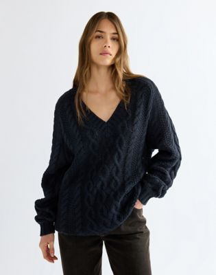 Relaxed V Neck Cable Knit Sweater in Dark Sapphire