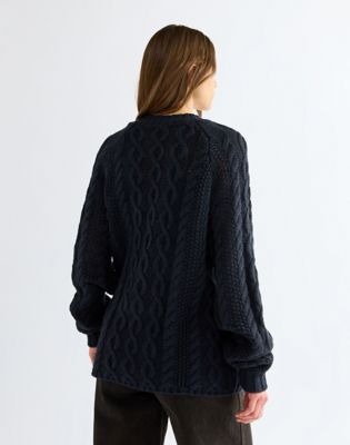 Relaxed V Neck Cable Knit Sweater in Dark Sapphire