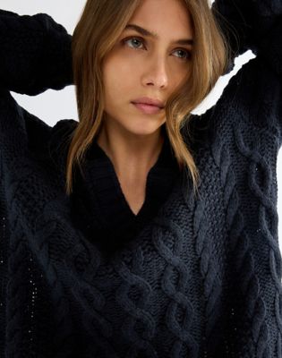 Relaxed V Neck Cable Knit Sweater in Dark Sapphire