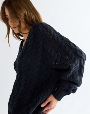 Relaxed V Neck Cable Knit Sweater in Dark Sapphire