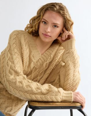 Relaxed V Neck Cable Knit Sweater in Oatmeal