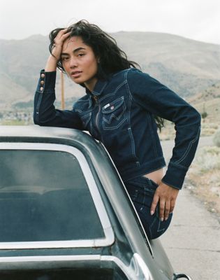 Slim Seamed Denim Jacket in Dark Orbit