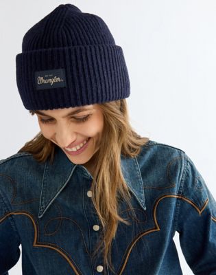 Ribbed Wool Beanie in Navy