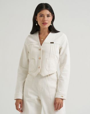 Lainey Wilson x Wrangler Pleated Tour Denim Top in Pearl White
