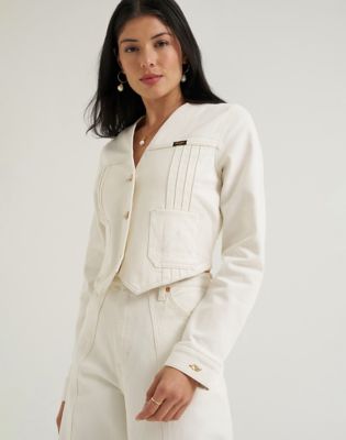Lainey Wilson x Wrangler Pleated Tour Denim Top in Pearl White