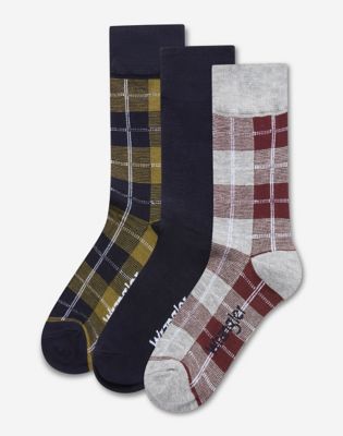 3-Pack Socks in Navy, Grey & Olive Check
