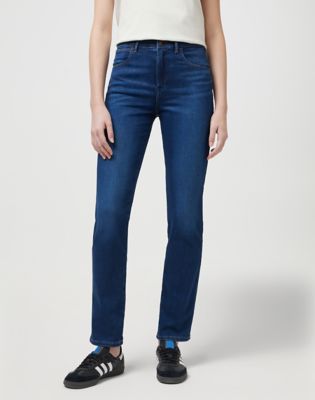 Wrangler wild west high waisted straight leg jean in mid blue