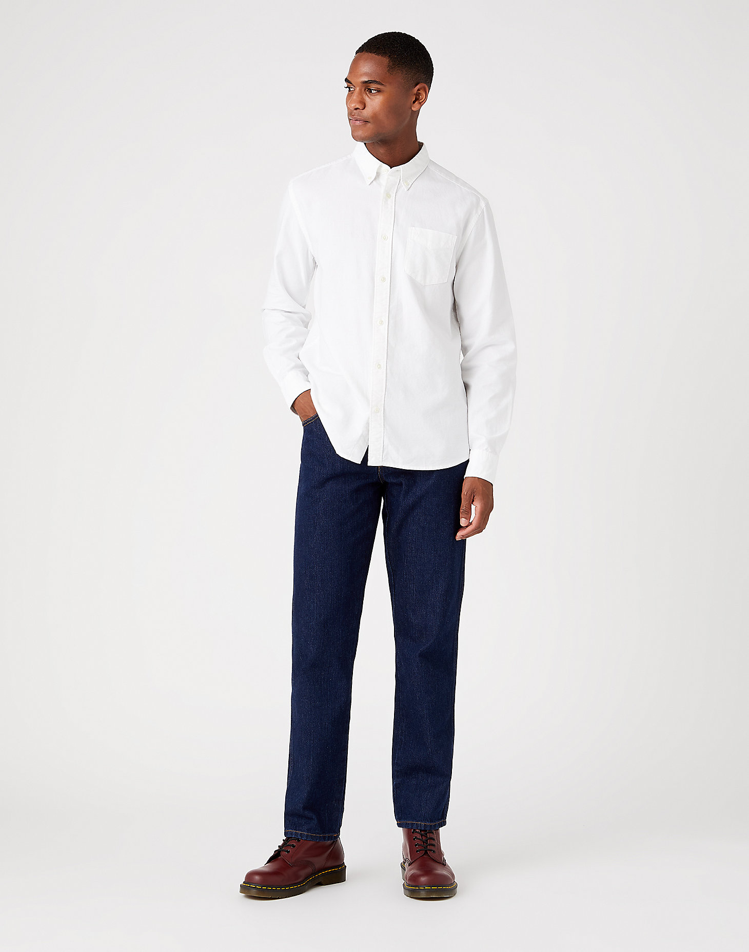 Long Sleeve One Pocket Button Down Shirt in White alternative view 1