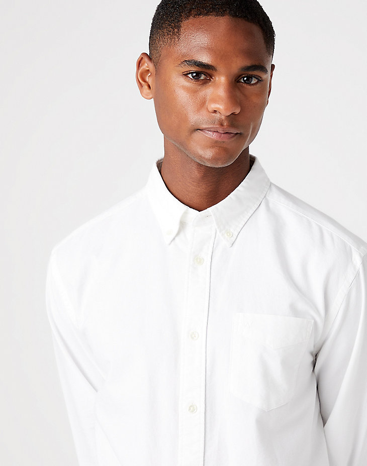 Long Sleeve One Pocket Button Down Shirt in White alternative view 3