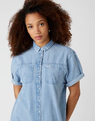 Wrangler Short Sleeve Denim Shirt Dress in Blue