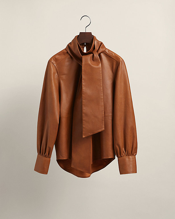 Leather Bow Shirt in Cognac