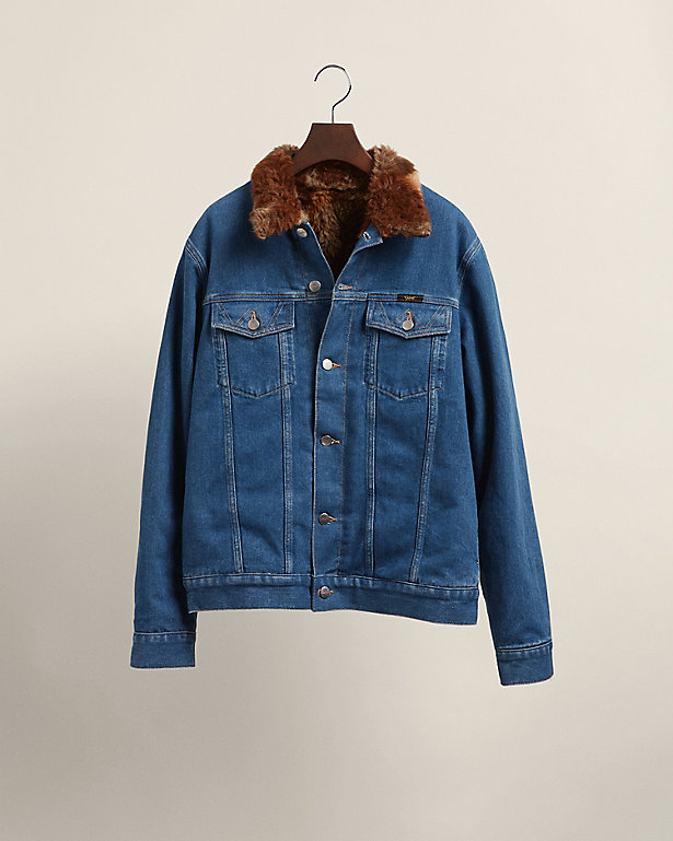Denim Faux Fur Jacket in Mid Blue Vintage