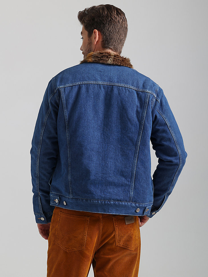 Denim Faux Fur Jacket in Mid Blue Vintage alternative view 3