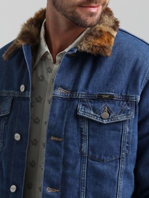 Faux fur hooded on sale button men's denim jacket